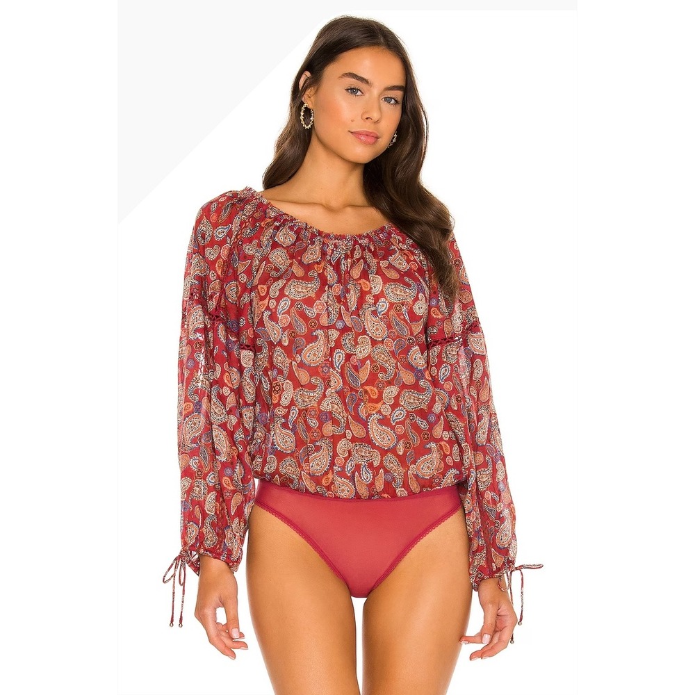 Intimately Free People Red Paisley Blouson Bodysuit Balloon Sleeve NWT Size M